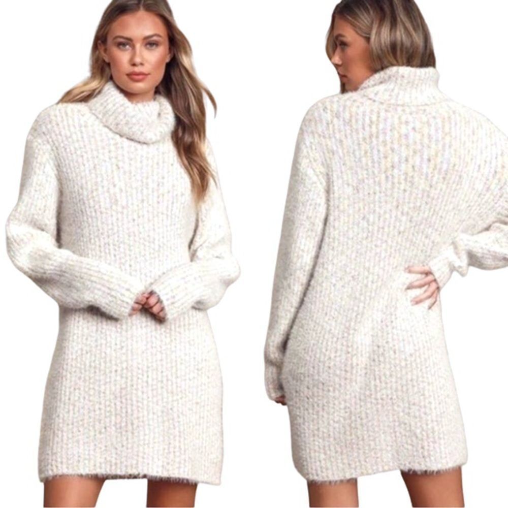 Lulus Sweater Dress Sweet Whispers Long Sleeve in Ivory Multi Oversized Winter